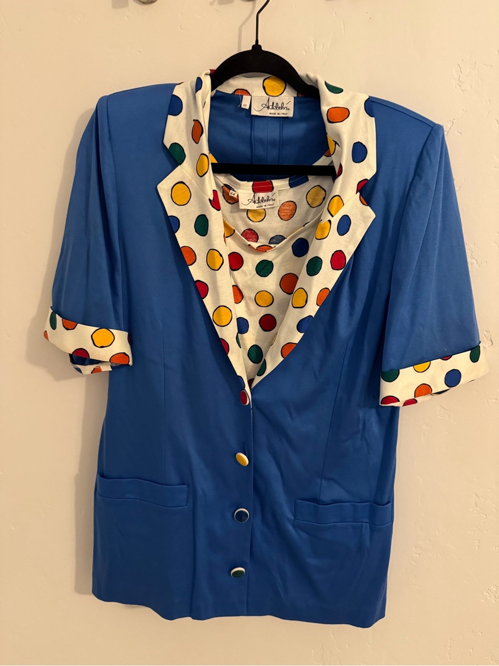 Vintage Addelm Royal Blue Short Sleeve Jacket with Multicolor Polka Dot Trim
